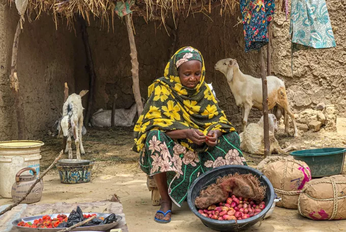 A woman sits as she organises fresh fruit