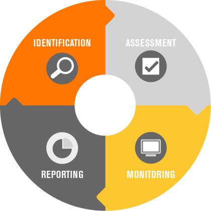 Risk management cycle consisting of Identification, Assessment, Monitoring and Reporting